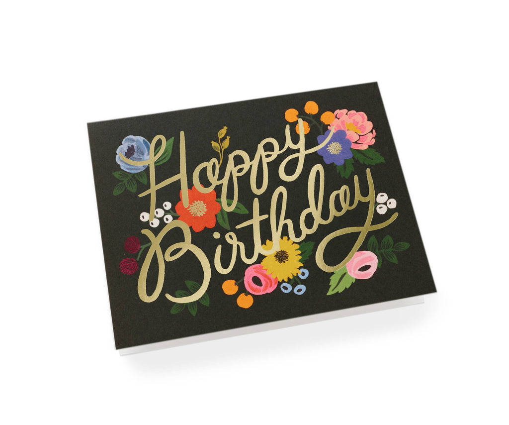 Elegant floral Happy Birthday card with gold foil lettering, colorful flowers, and a gold envelope for a sophisticated touch.