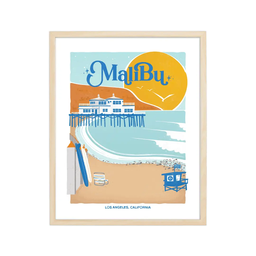 Elegant print illustrating Malibu's pristine beaches, waves, and coastal charm, celebrating its Californian essence.