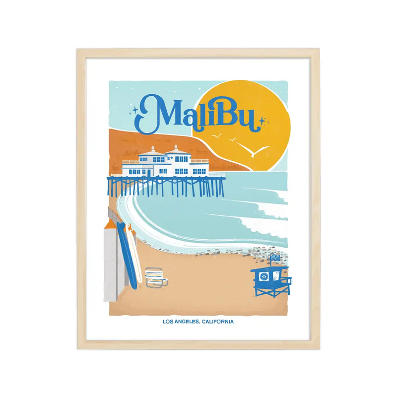 Elegant print illustrating Malibu's pristine beaches, waves, and coastal charm, celebrating its Californian essence.