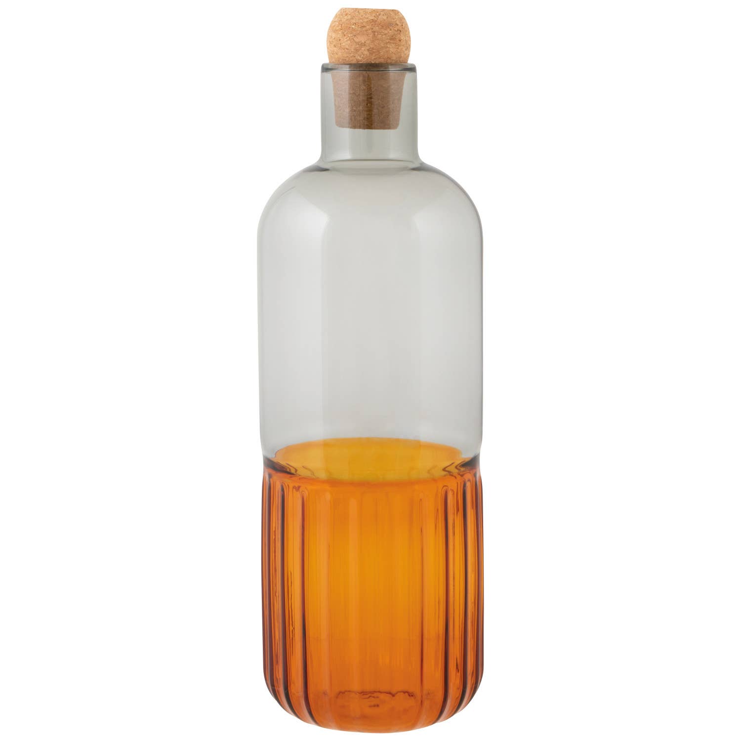 Glass bottle with cork stopper on a white background