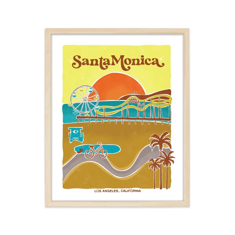 Artistic rendition of Santa Monica's lively pier, sun-drenched beaches, and coastal attractions, capturing its unmistakable charm.