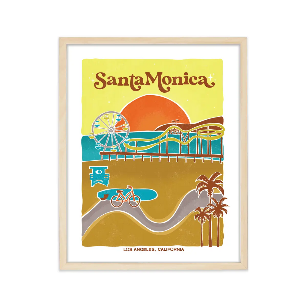 Artistic rendition of Santa Monica's lively pier, sun-drenched beaches, and coastal attractions, capturing its unmistakable charm.