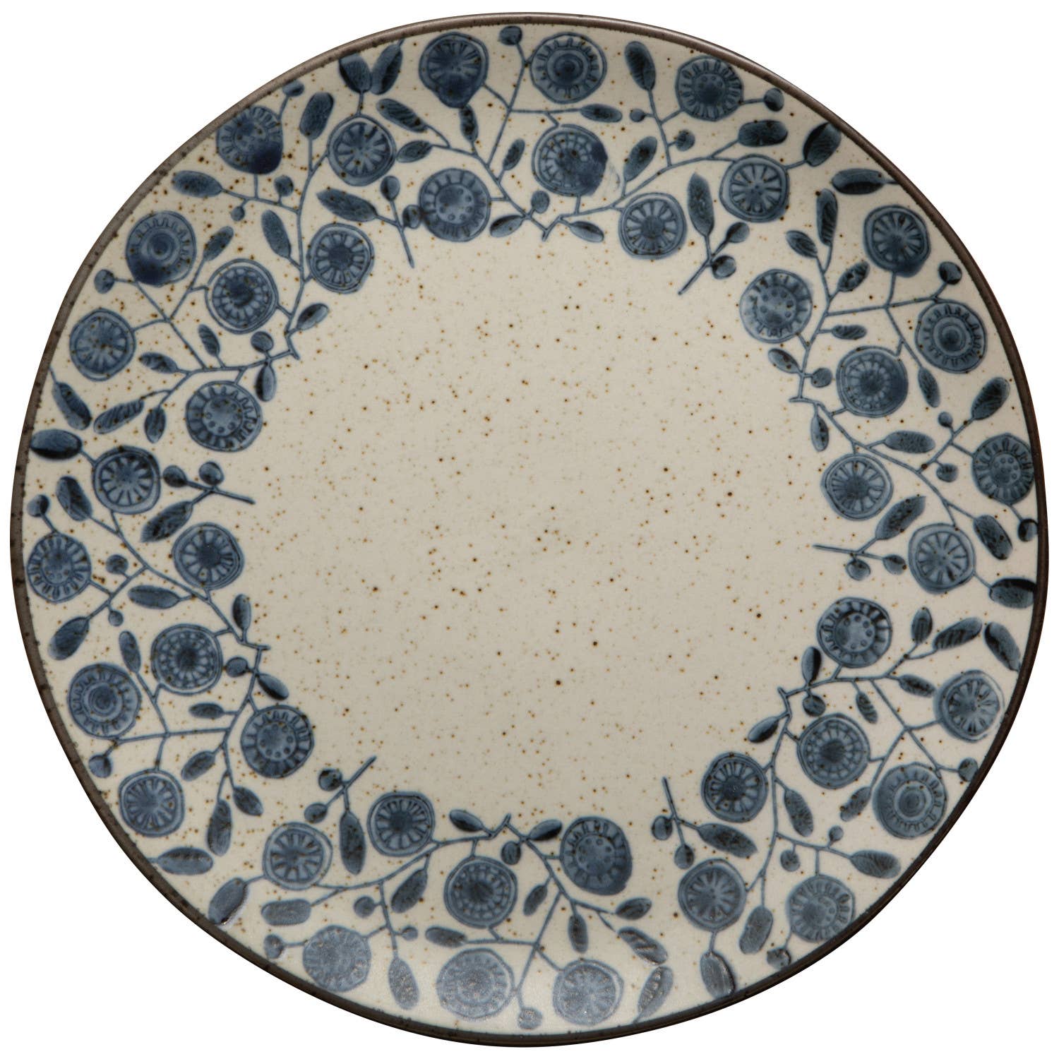 Round ceramic plate with blue floral pattern on a white background