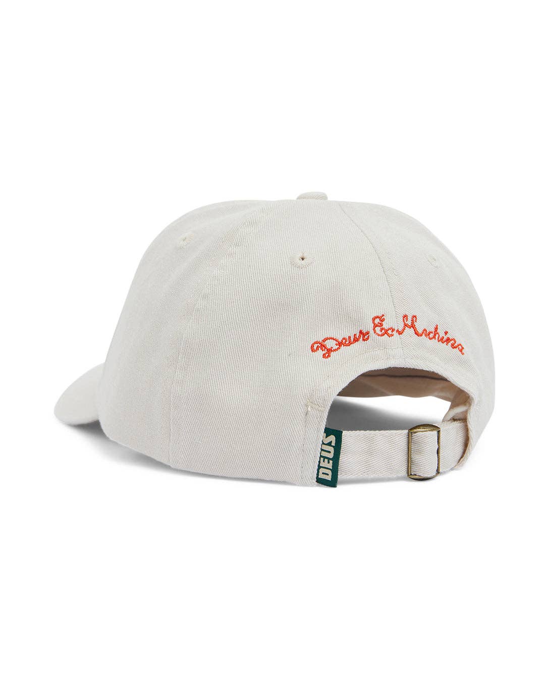 Beige cap with red logo and green tag on a white background