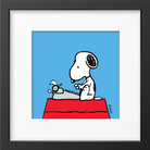 Framed illustration of a beagle using a typewriter on a red doghouse, set against a bright blue background.