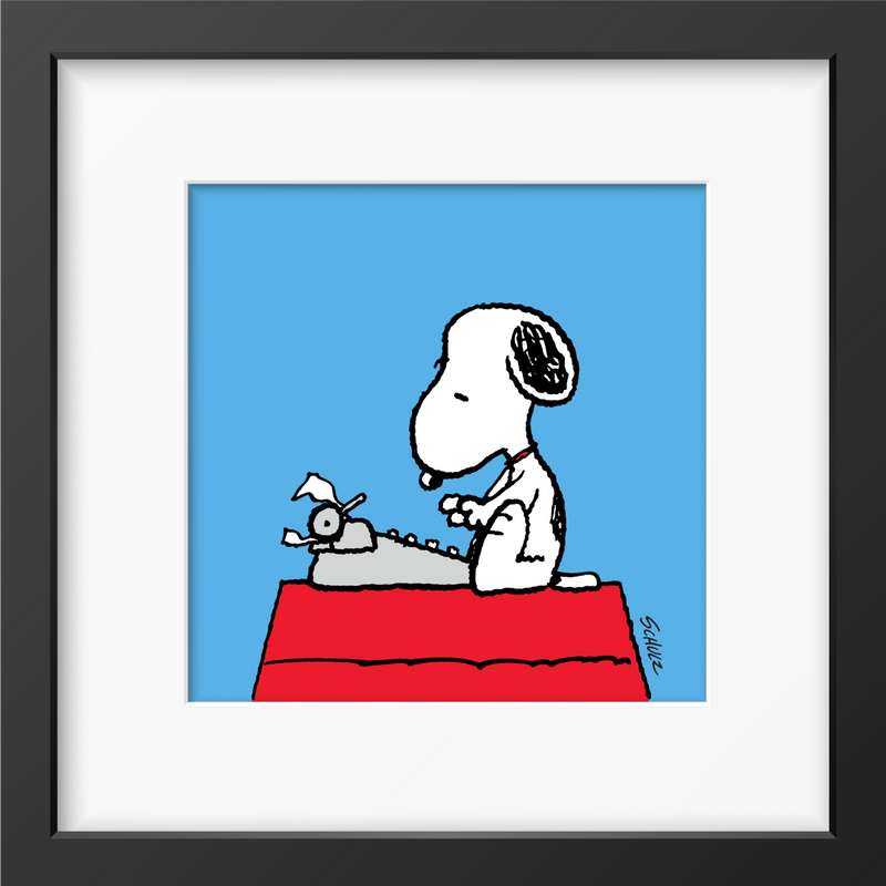 Framed illustration of a beagle using a typewriter on a red doghouse, set against a bright blue background.