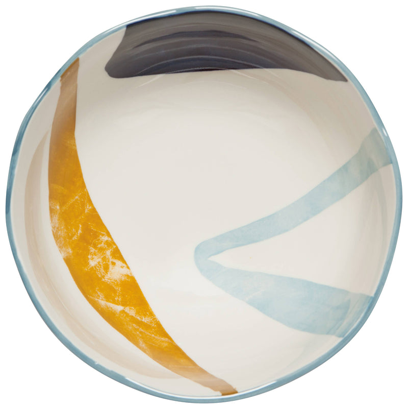 Hand-painted ceramic bowl with abstract mustard yellow, navy blue, and light blue patterns.