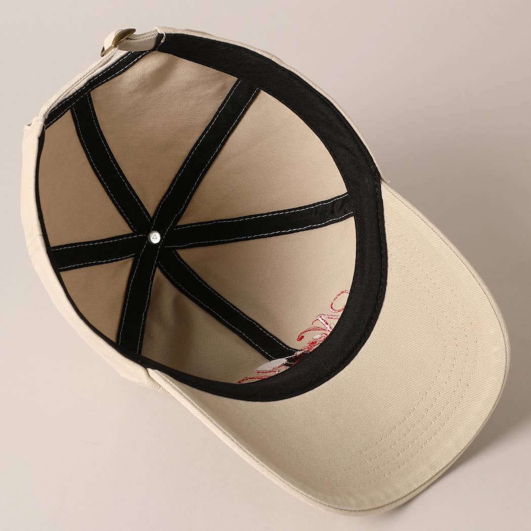 Beige and navy New York Social Club embroidered baseball caps with curved brims.