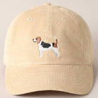 Beige corduroy baseball cap with embroidered beagle dog design on the front.
