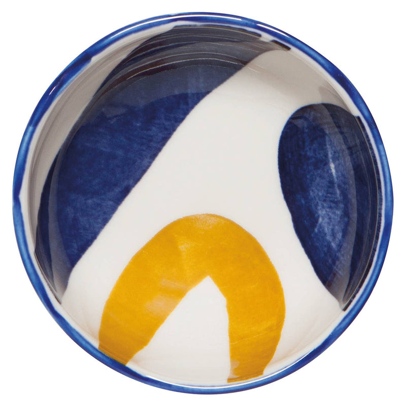 Canvas Pinch Bowls with abstract mustard yellow, navy blue, and light blue patterns.