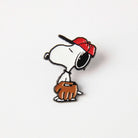 Enamel pin of Snoopy wearing a red cap and holding a baseball glove, ideal for Peanuts and baseball enthusiasts.