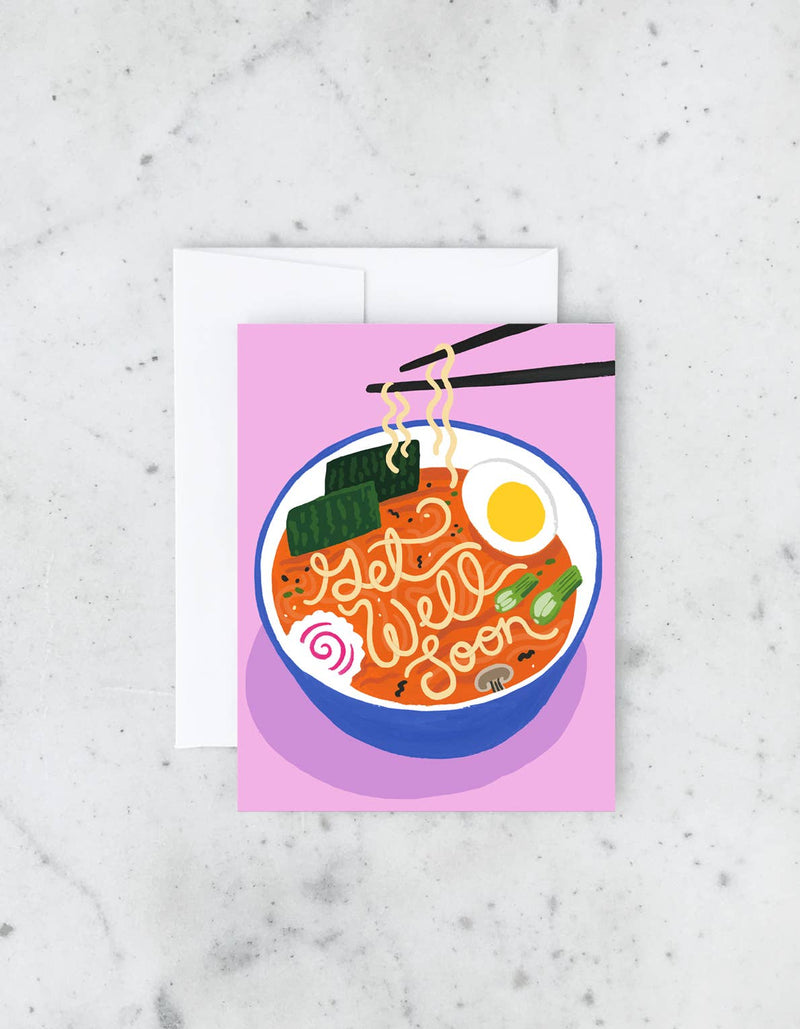 Greeting card with a bowl of ramen illustration on a pink background