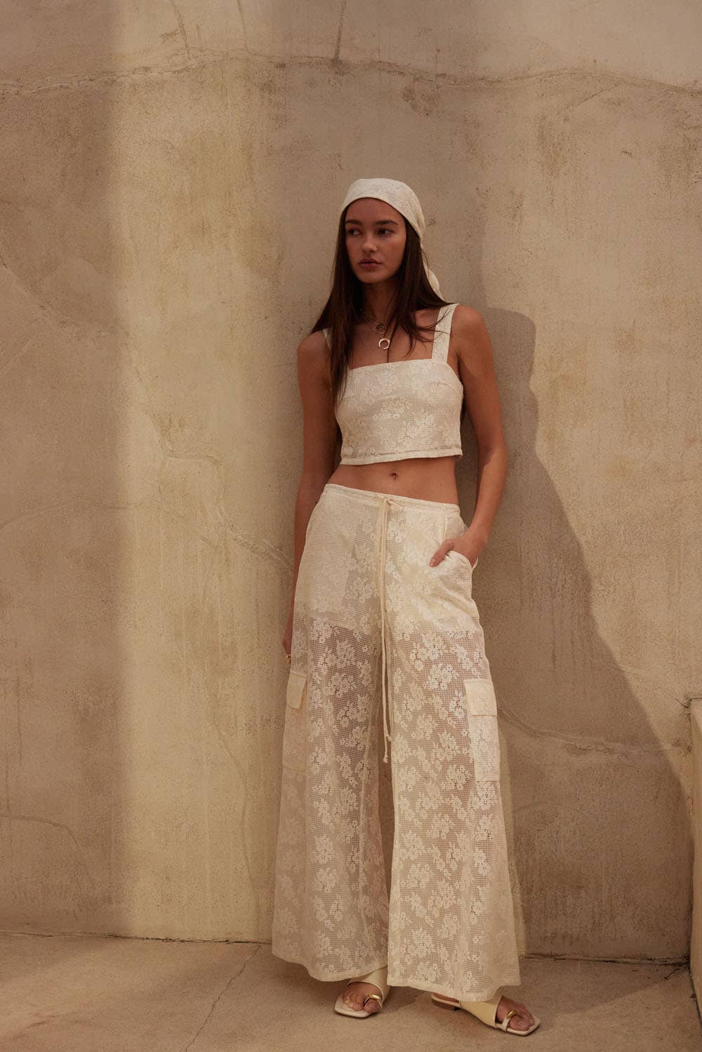Floral Lace Drawstring Cargo Pants