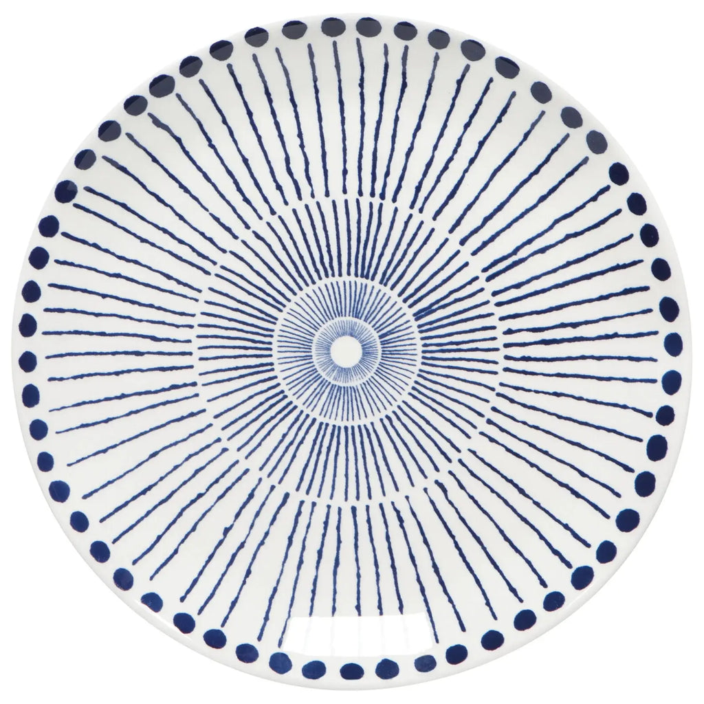 Sprout Stamped Plate with intricate blue radial patterns and an organic shape, ideal for serving and display.