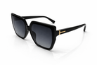 Black sunglasses with gold accents on a white background