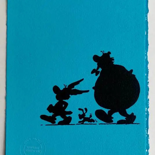A handmade screen print on cotton paper featuring silhouettes of Asterix, Obelix, and Dogmatix, signed and numbered by the printer.