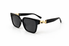 Black sunglasses with gold accents on a white background