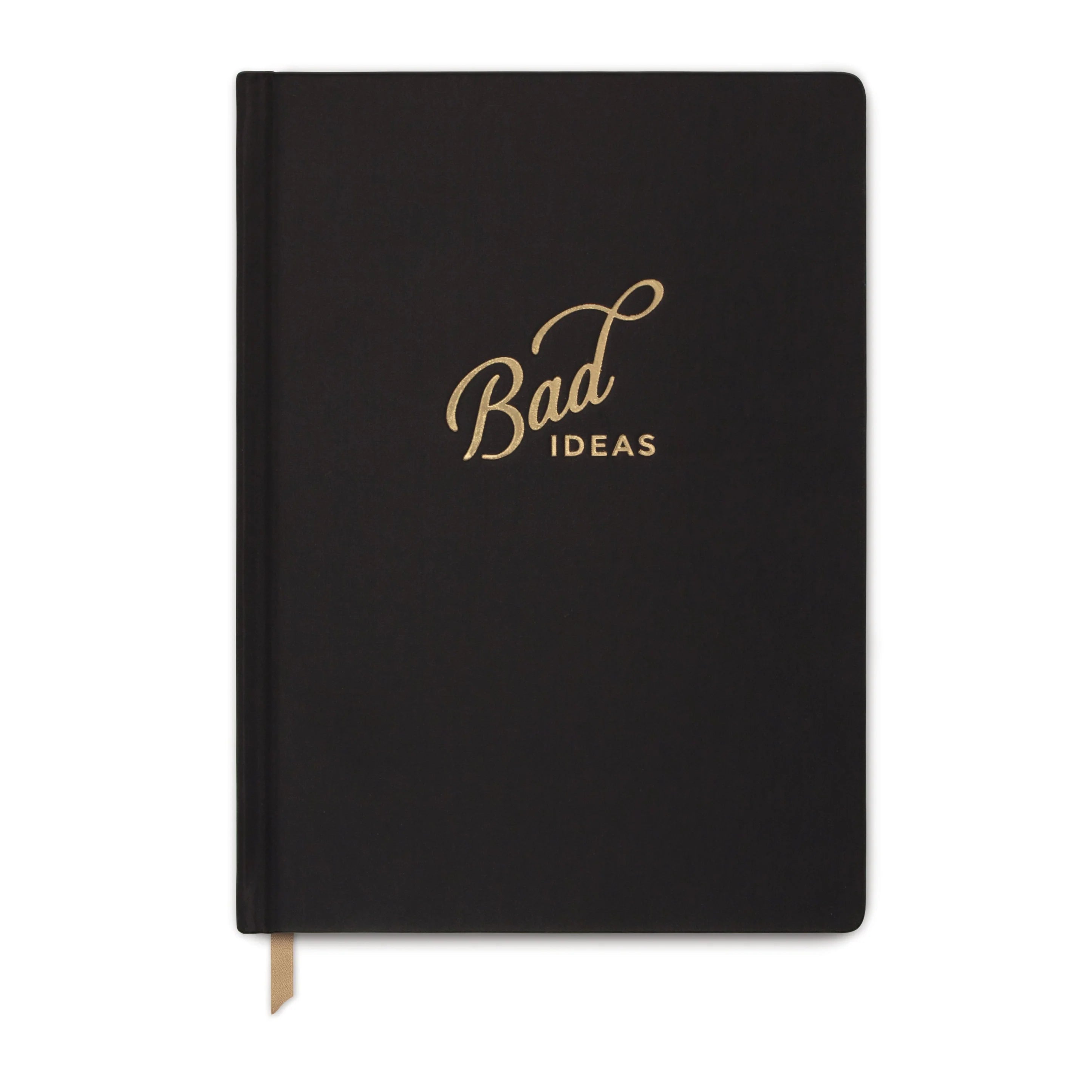 A front-view image of the 'Bad Ideas Journal', showcasing its sturdy construction and vintage design.
