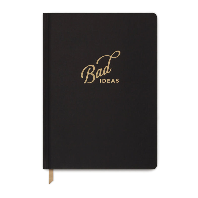 A front-view image of the 'Bad Ideas Journal', showcasing its sturdy construction and vintage design.