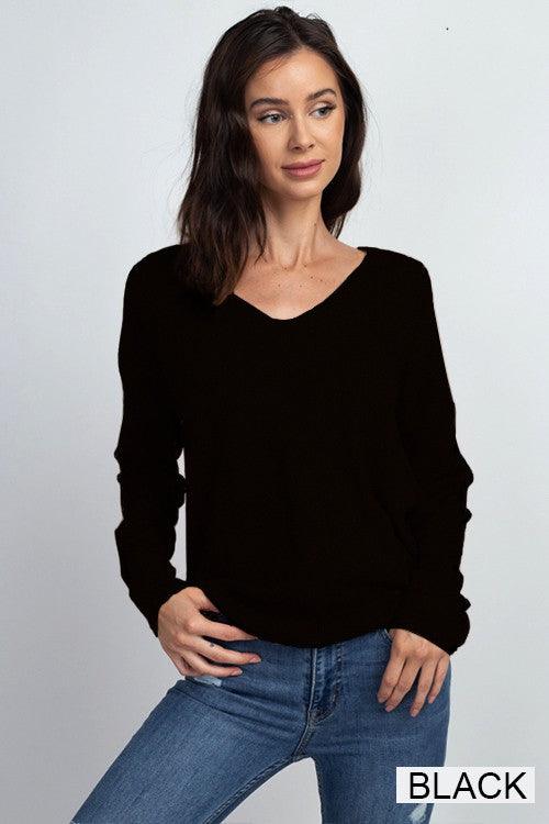 Vanessa Sweater showcasing its soft and luxurious fabric with a ribbed pattern, perfect for a stylish and comfortable outfit.