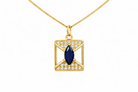 Gold necklace with a blue gemstone pendant on a white background