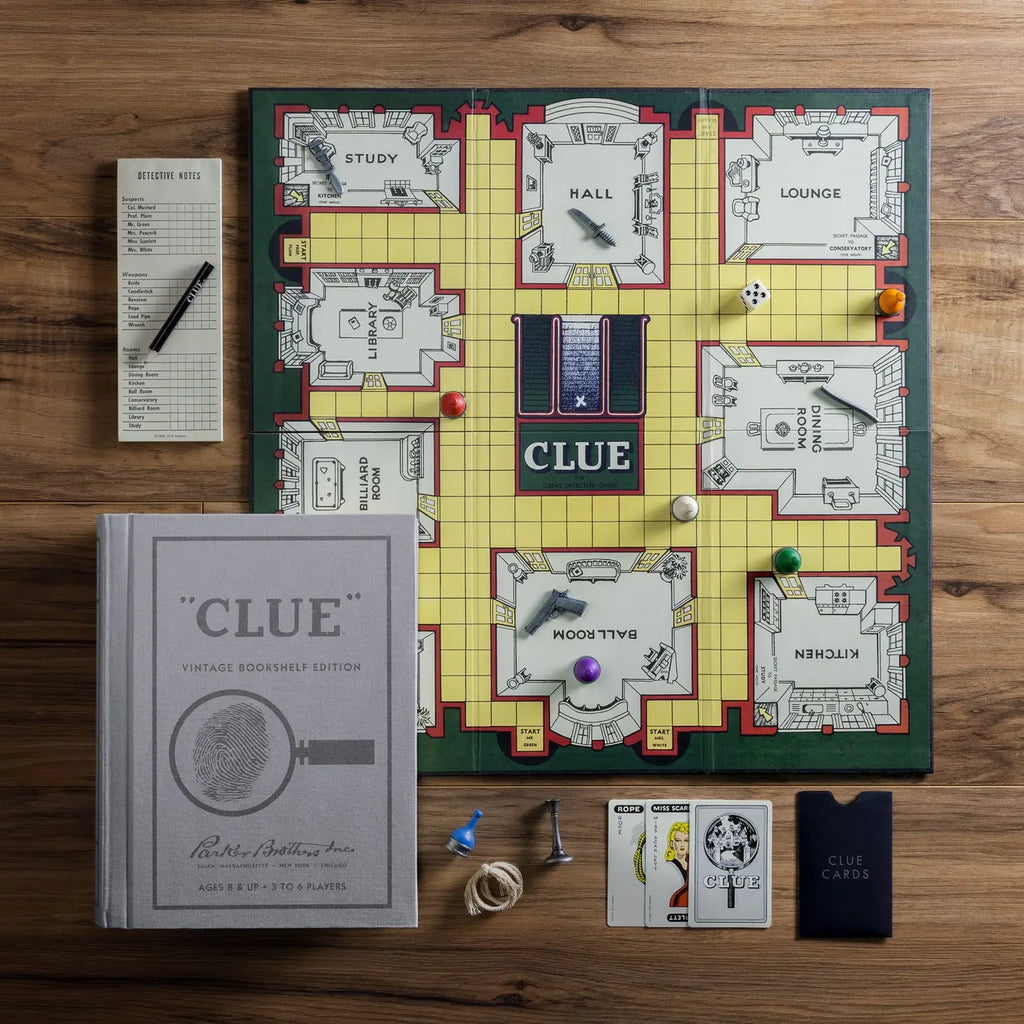 Clue Vintage Bookshelf Edition with a book-like packaging, game pieces, wooden weapons, detective notepads, and a foldable game board.