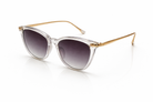 Sunglasses with gold frame and clear lens on a white background