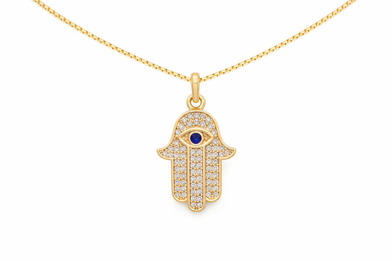 Gold Hamsa hand pendant necklace with a blue stone on a white background