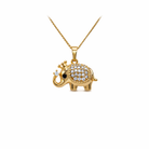 Gold elephant pendant necklace with diamonds on a white background
