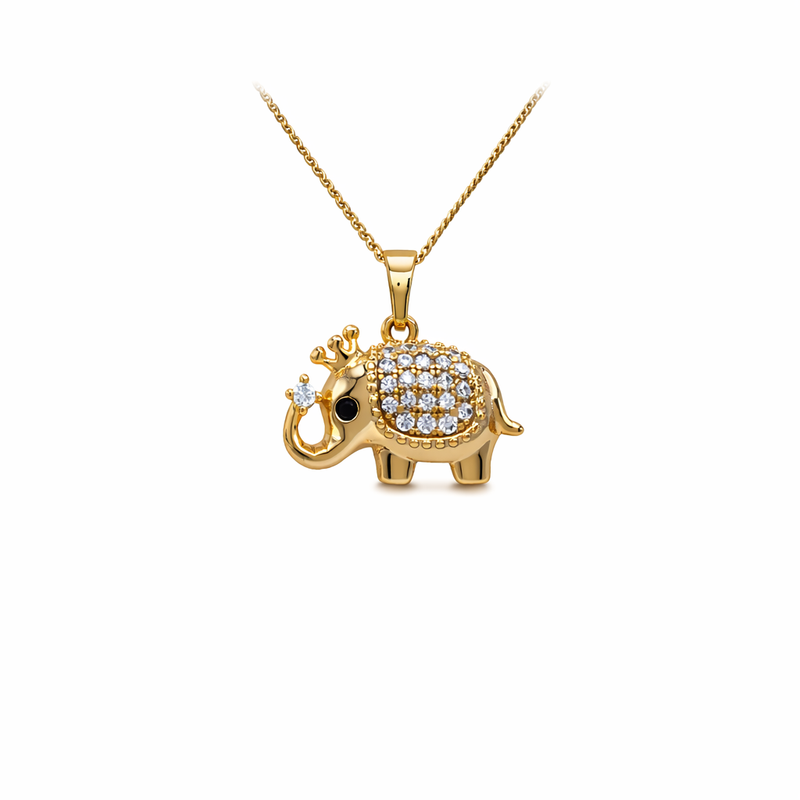 Gold elephant pendant necklace with diamonds on a white background