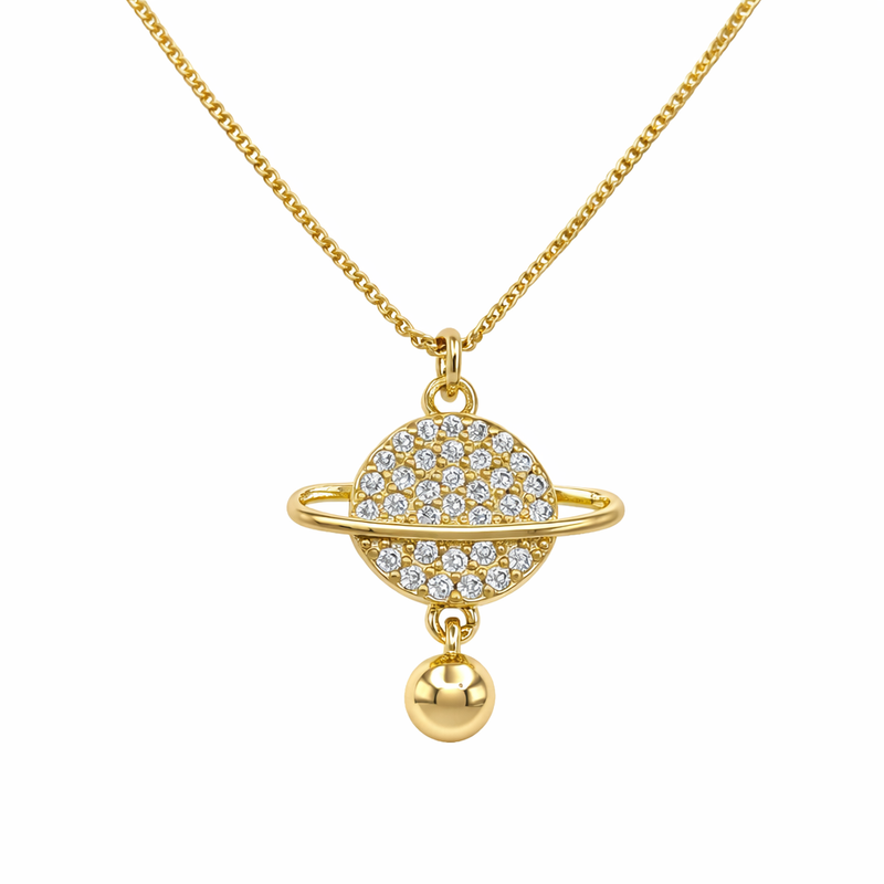 Gold necklace with a planet-shaped pendant on a white background