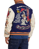Deus Ex Machina Amanita Varsity Jacket with embroidered patches in blue and white
