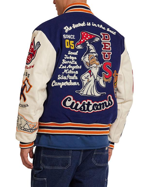 Deus Ex Machina Amanita Varsity Jacket with embroidered patches in blue and white