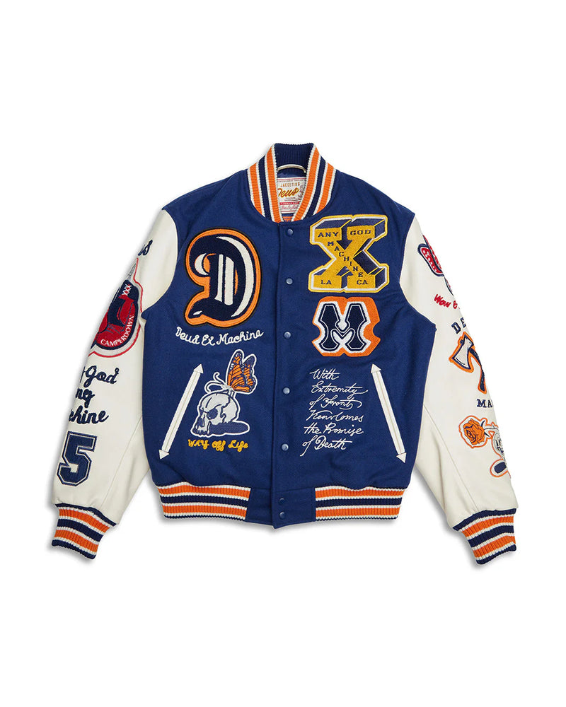 Deus Ex Machina Amanita Varsity Jacket with embroidered patches in blue and white