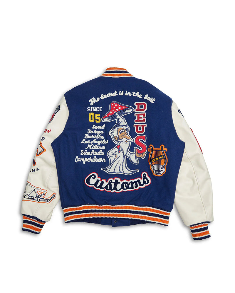 Deus Ex Machina Amanita Varsity Jacket with embroidered patches in blue and white