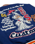 Deus Ex Machina Amanita Varsity Jacket with embroidered patches in blue and white