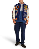 Deus Ex Machina Amanita Varsity Jacket with embroidered patches in blue and white