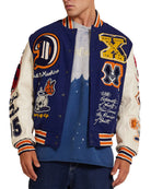 Deus Ex Machina Amanita Varsity Jacket with embroidered patches in blue and white