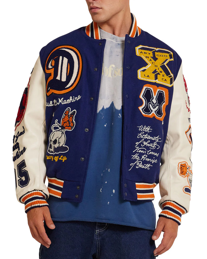 Deus Ex Machina Amanita Varsity Jacket with embroidered patches in blue and white
