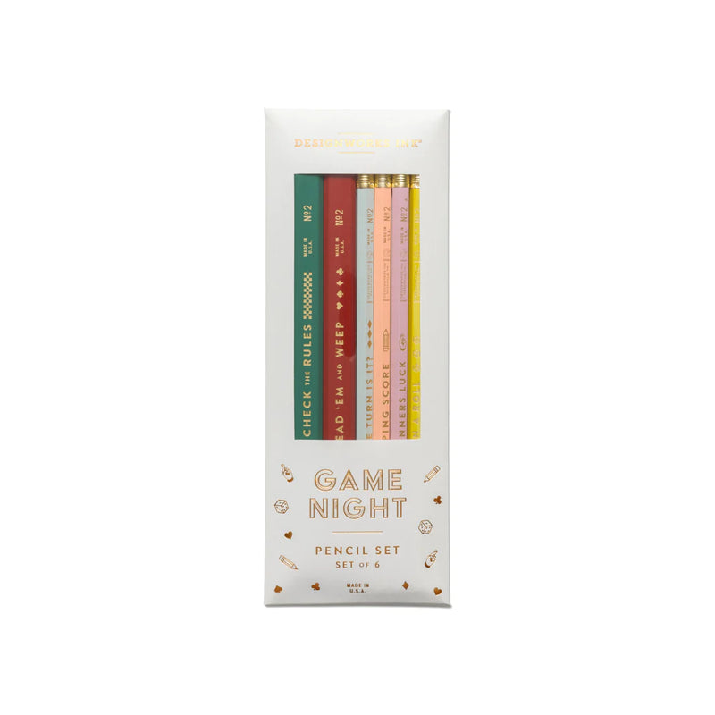 Image of the 'Game Night Pencil Set', featuring 2 carpenter pencils and 4 hex pencils with fun gaming phrases.