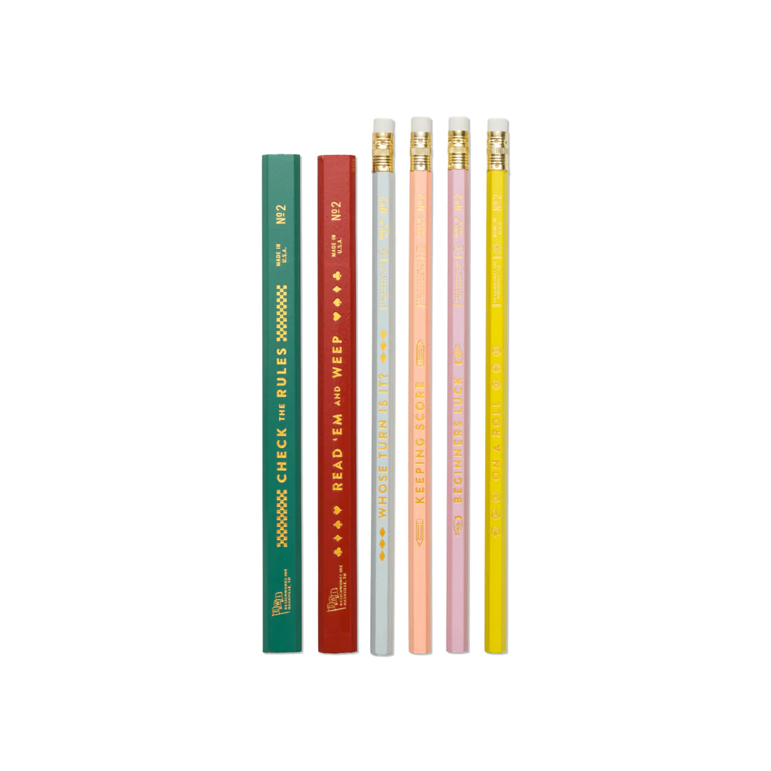 Image of the 'Game Night Pencil Set', featuring 2 carpenter pencils and 4 hex pencils with fun gaming phrases.