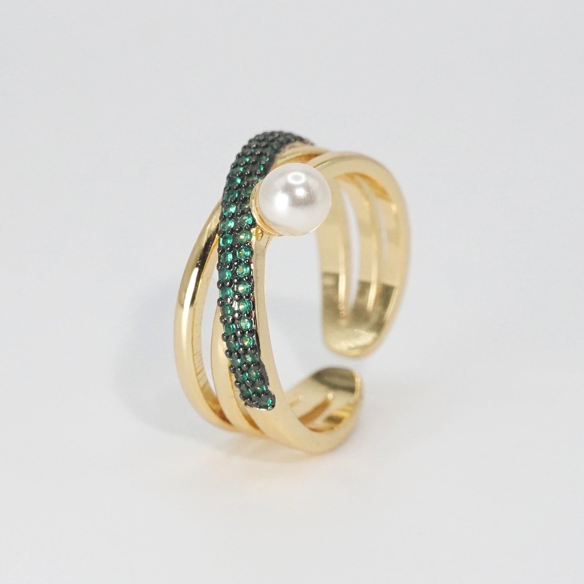 Pearl Ring: Lustrous green stones with a single, exquisite pearl, epitome of timeless elegance.