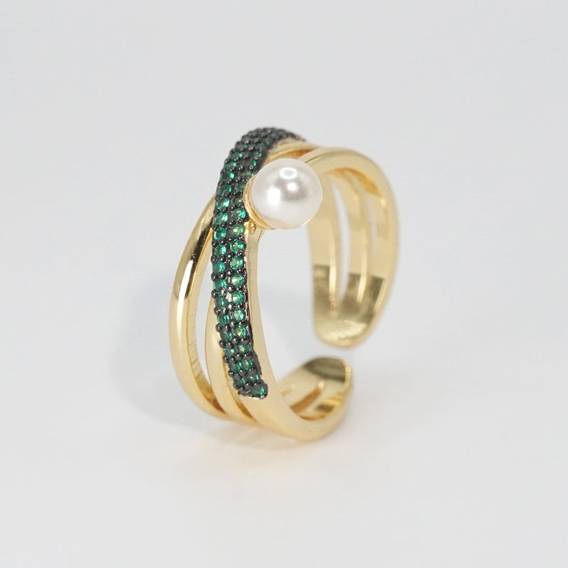 Pearl Ring: Lustrous green stones with a single, exquisite pearl, epitome of timeless elegance.