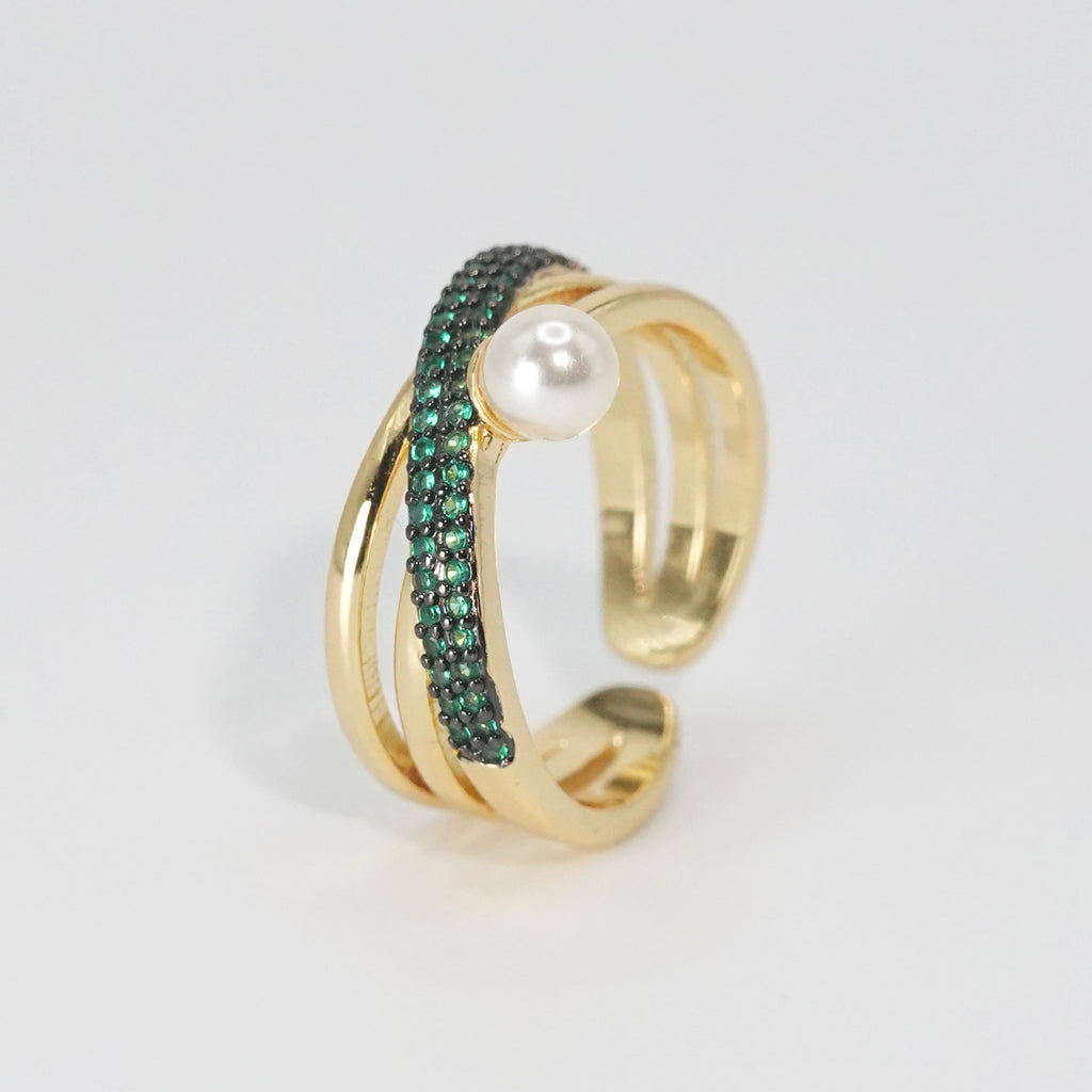 Pearl Ring: Lustrous green stones with a single, exquisite pearl, epitome of timeless elegance.