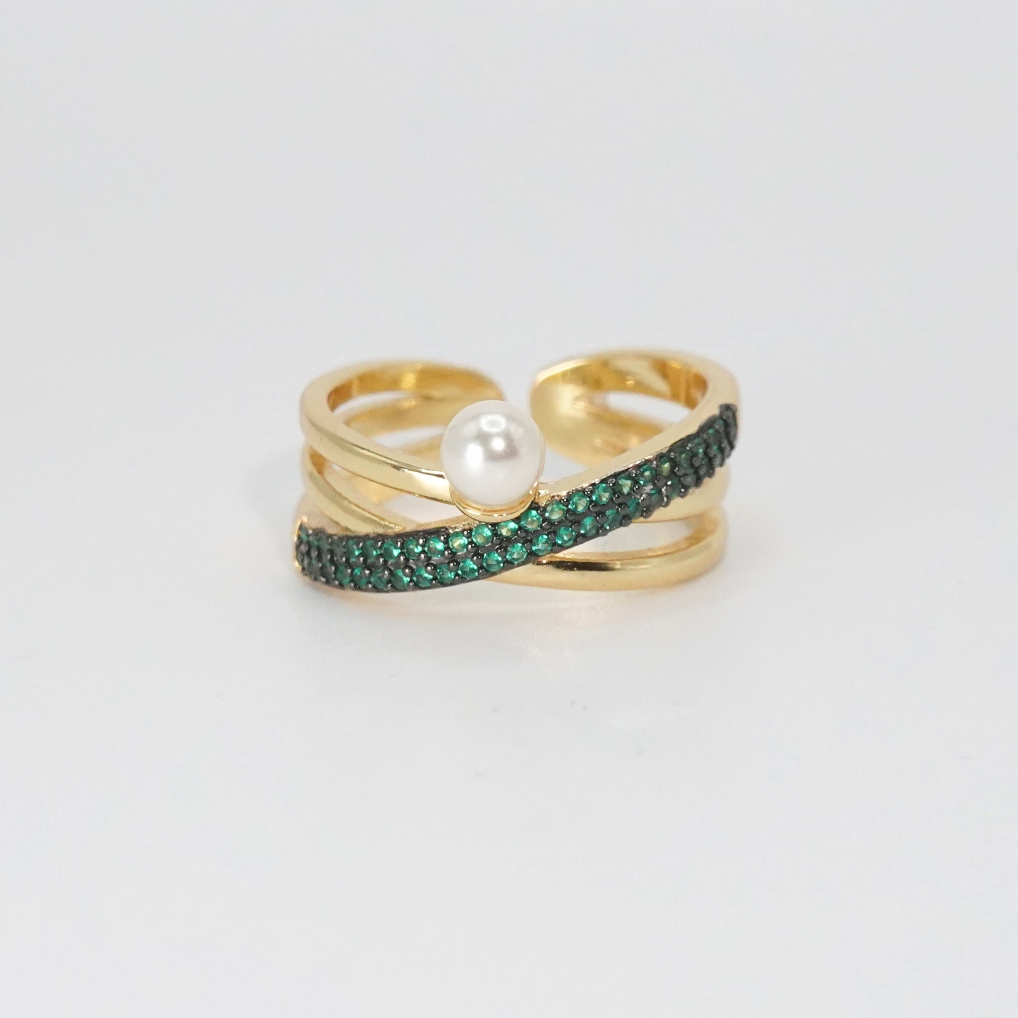 Pearl Ring: Lustrous green stones with a single, exquisite pearl, epitome of timeless elegance.