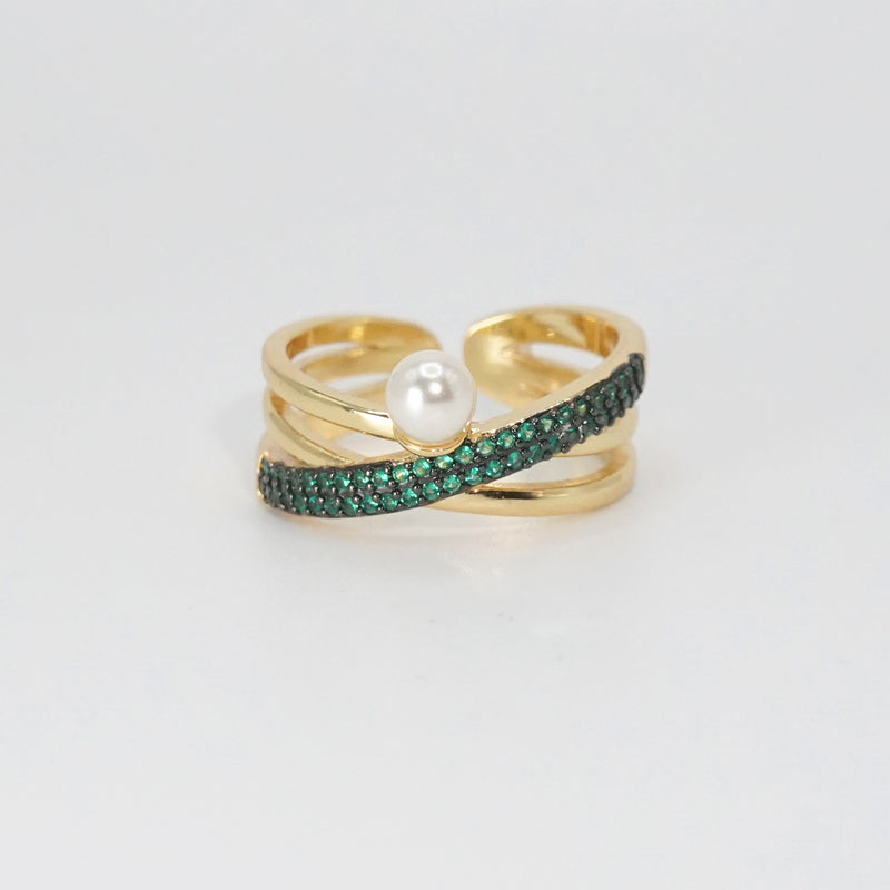 Pearl Ring: Lustrous green stones with a single, exquisite pearl, epitome of timeless elegance.