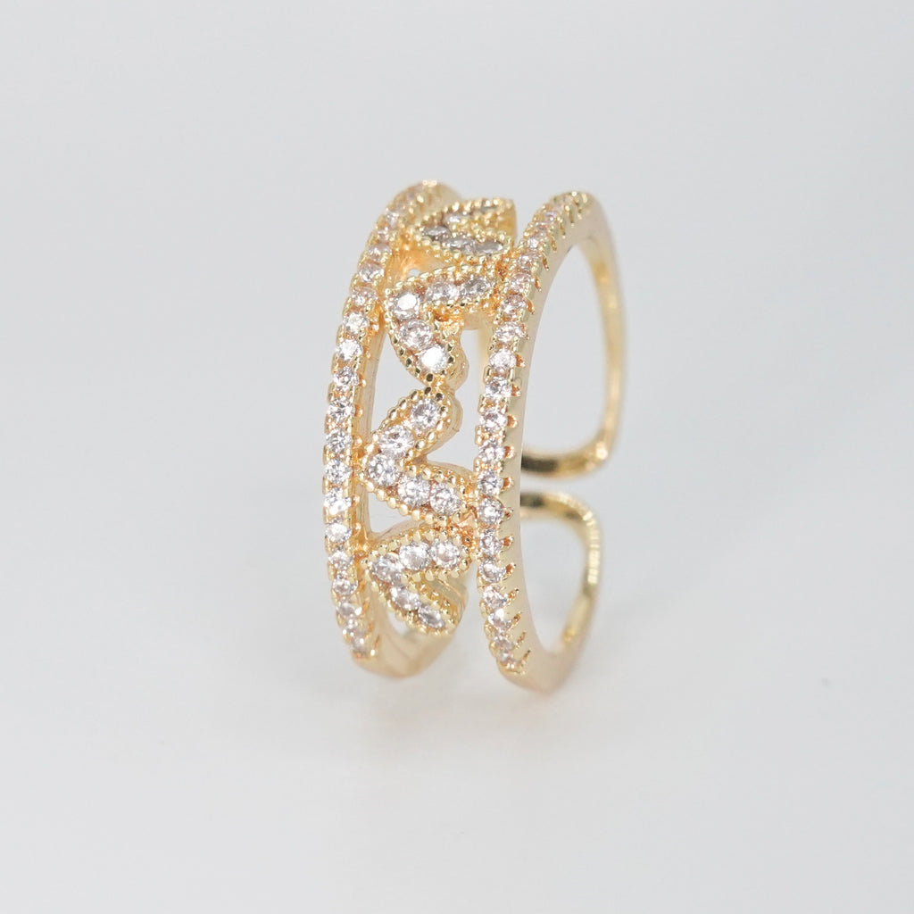 Walden Ring - Romantic hearts between two lines adorned with sparkling stones.