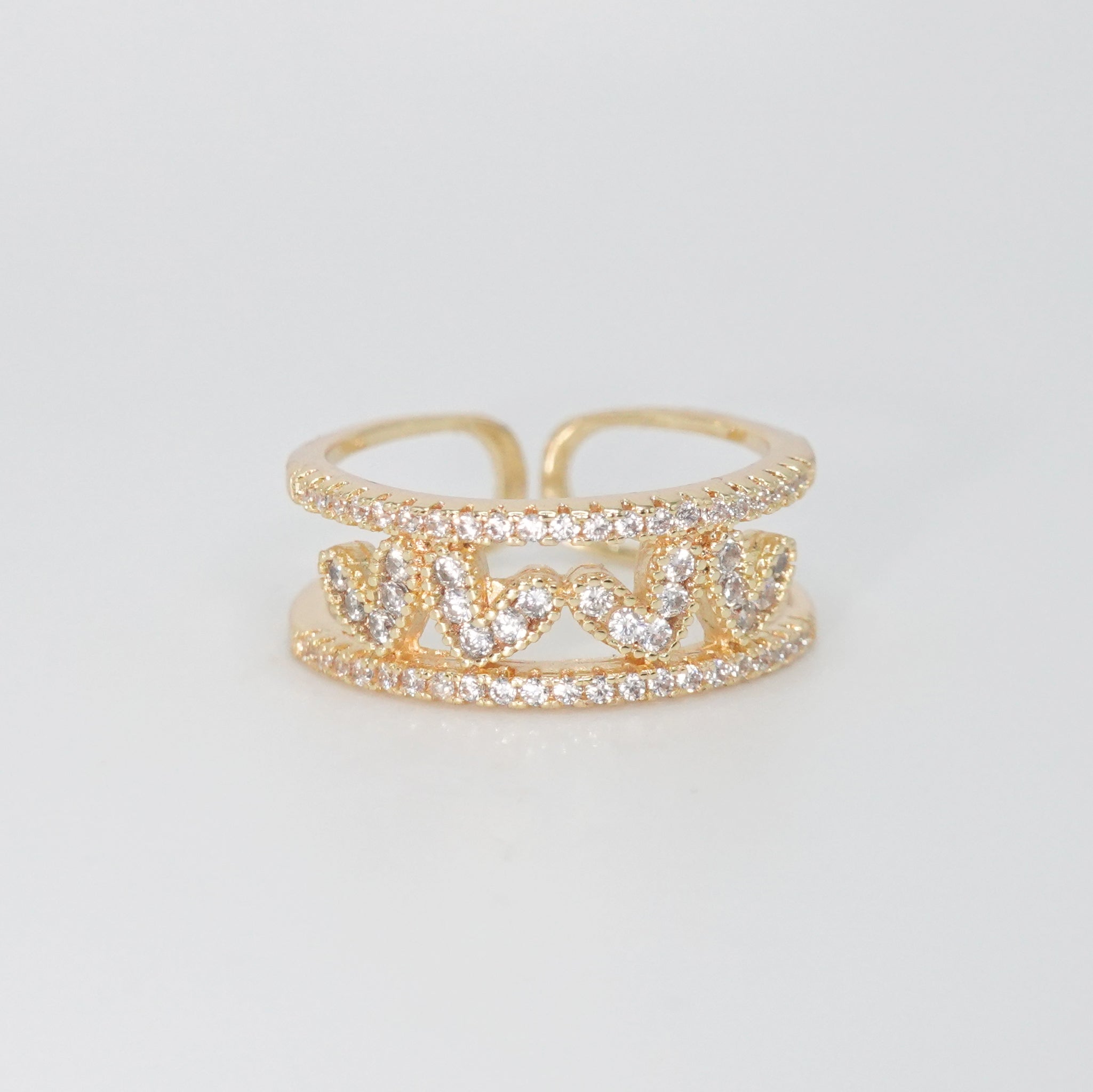 Walden Ring - Romantic hearts between two lines adorned with sparkling stones.