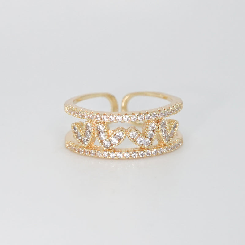 Walden Ring - Romantic hearts between two lines adorned with sparkling stones.