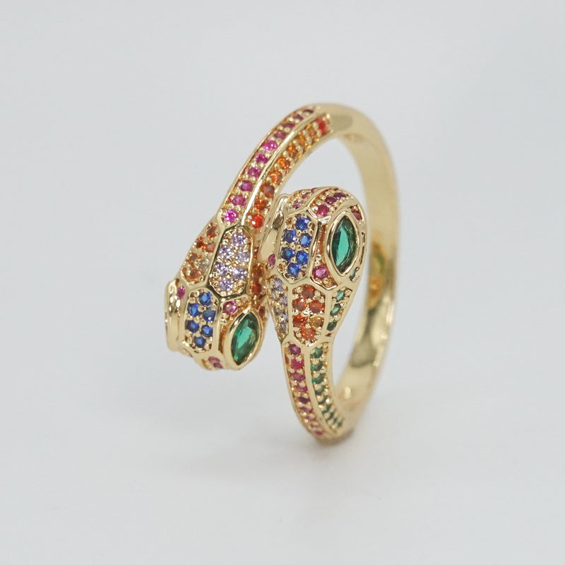Twin serpents intertwined with shiny, colorful stones, exuding enchanting allure.
